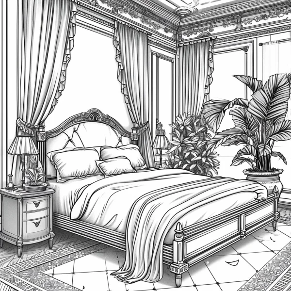 Elegant bedroom scene with bed and furniture, realistic line art style — free printable indoor scene coloring book page