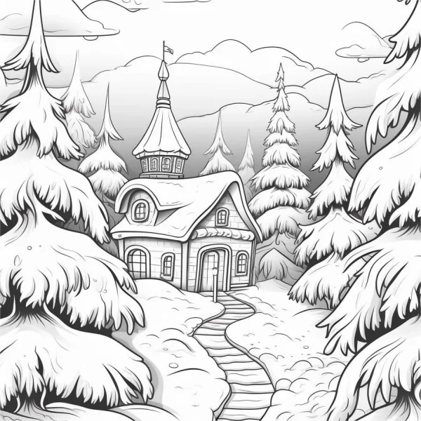 Cozy cottage in snowy pine forest, winter natural landscape — free printable country cabin coloring book page