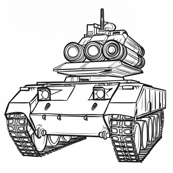 Military tank with multi-barrel cannons, sketch line art style — free printable military coloring book page