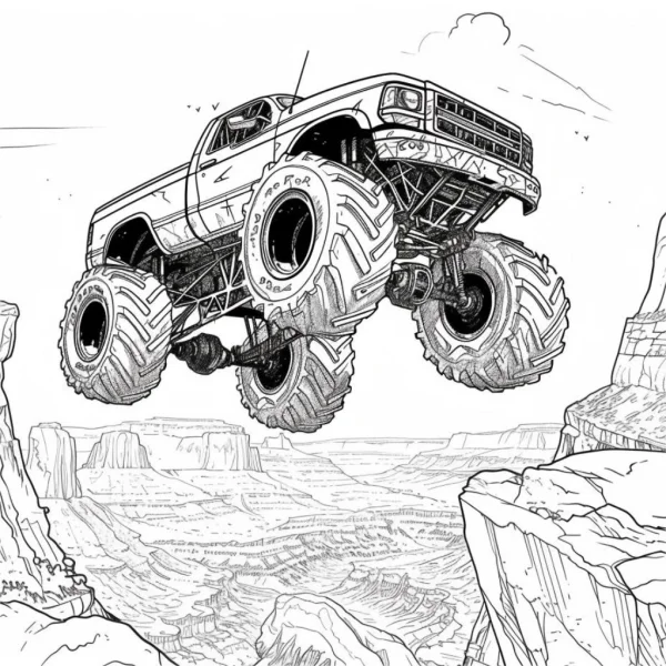 Airborne monster truck, sketch style — free printable off-road sports coloring book page