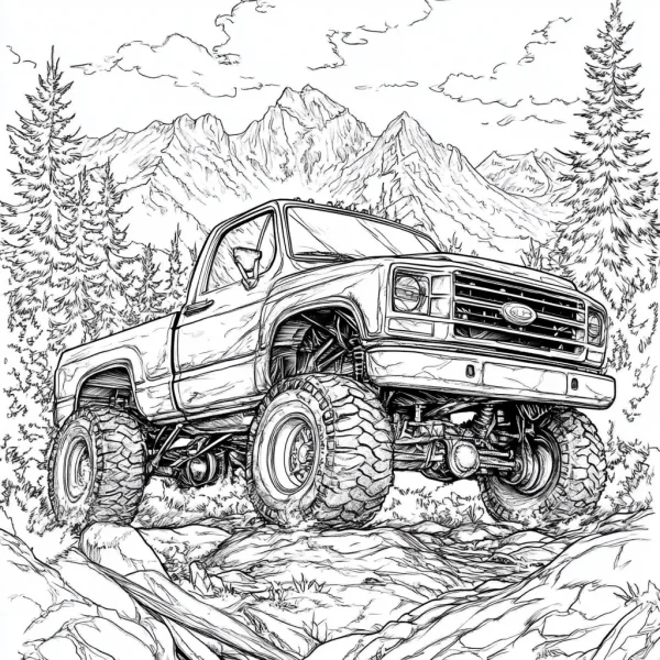 Coloring book page, off-road pickup truck — free printable outdoor sports coloring book page