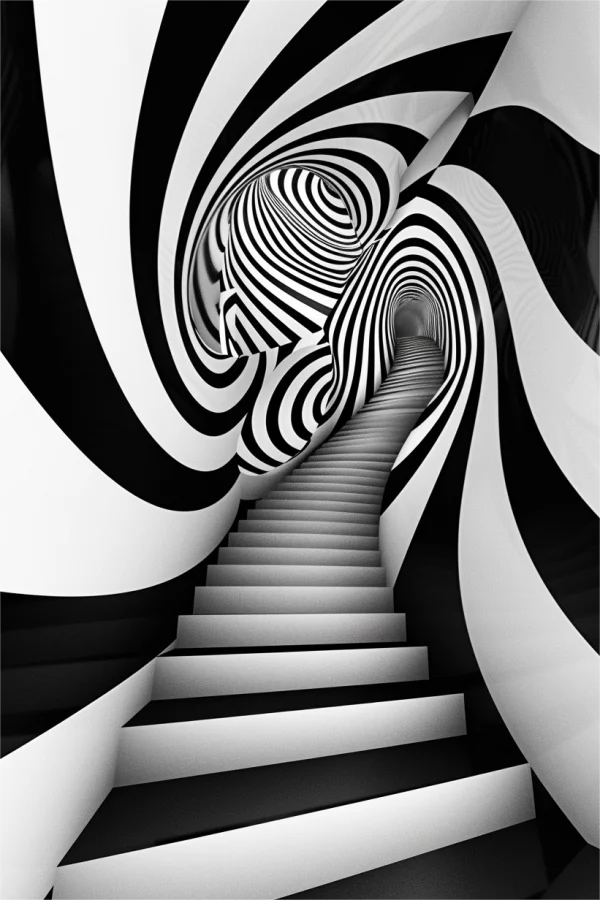 Digital art, optical illusion spiral stairs — free printable surreal coloring book page