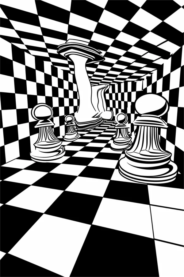 Surreal distorted chess pieces in a twisted checkered room, op art style — free printable surreal coloring book page