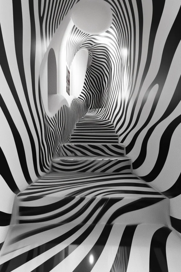 Optical illusion twisted striped staircase, surreal abstract art style — free printable surreal coloring book page