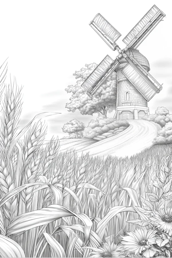 Coloring book page, rural windmill landscape with wheat field and daisies — free printable countryside coloring book page