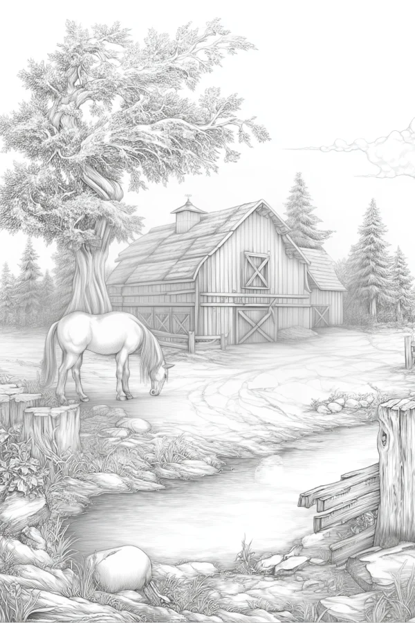 Farm barn with white horse, realistic sketch style — free printable farm life coloring book page