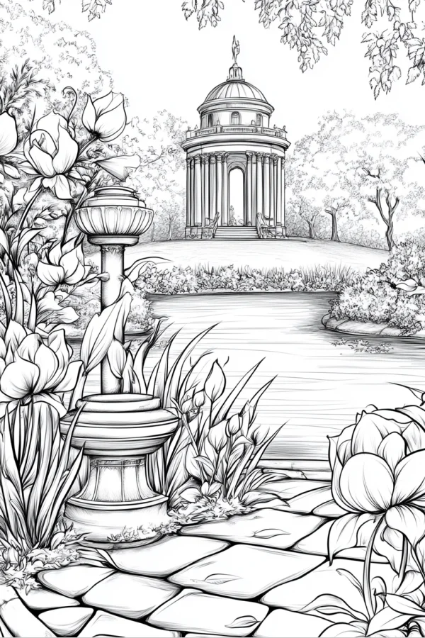 Classical pavilion in lakeside garden, realistic illustration style — free printable classical architecture coloring book page