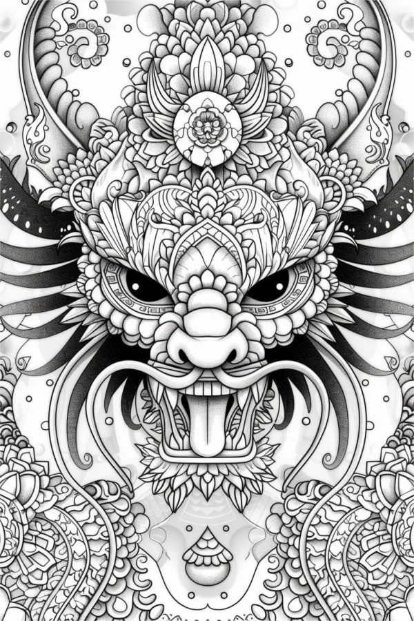 Mandala-style decorative dragon, intricate symmetrical ornamental patterns — free printable dragon coloring book page