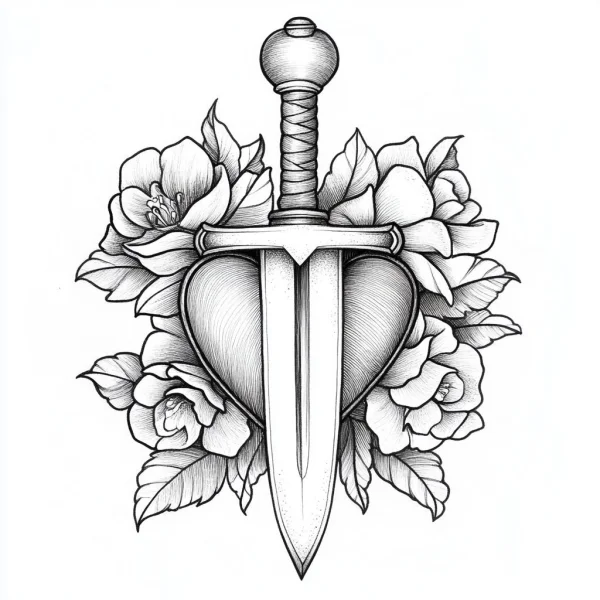Sword piercing heart surrounded by roses, tattoo style — free printable weapons coloring book page