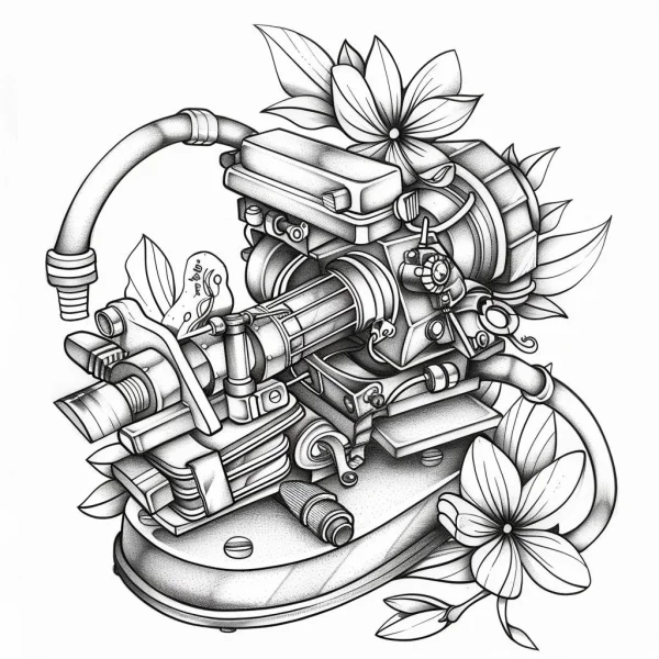 Mechanical device with blooming flowers, realistic style — free printable mechanical coloring book page