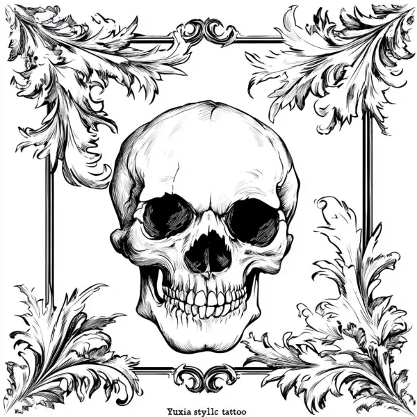 Horror skull surrounded by baroque decorative frame, baroque art style — free printable baroque coloring book page