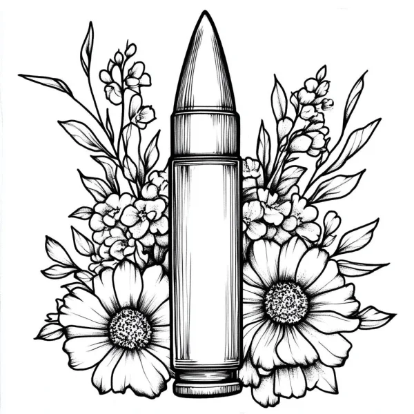 Bullet surrounded by daisies and wild flowers, realistic line art style — free printable items coloring book page