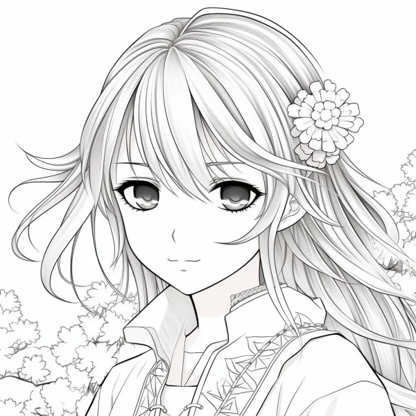 Anime girl with white flower hairpin, anime art style — free printable anime characters coloring book page