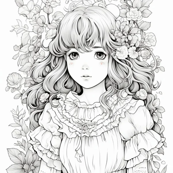 Curly-haired girl surrounded by various flowers, leaves and vines — free printable girl coloring book page