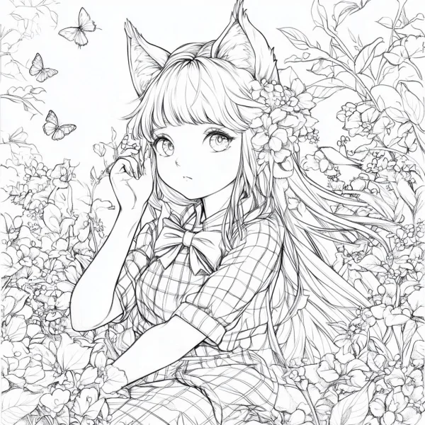 Anime cat ear girl with long hair, wearing plaid dress and bow tie — free printable girl coloring book page