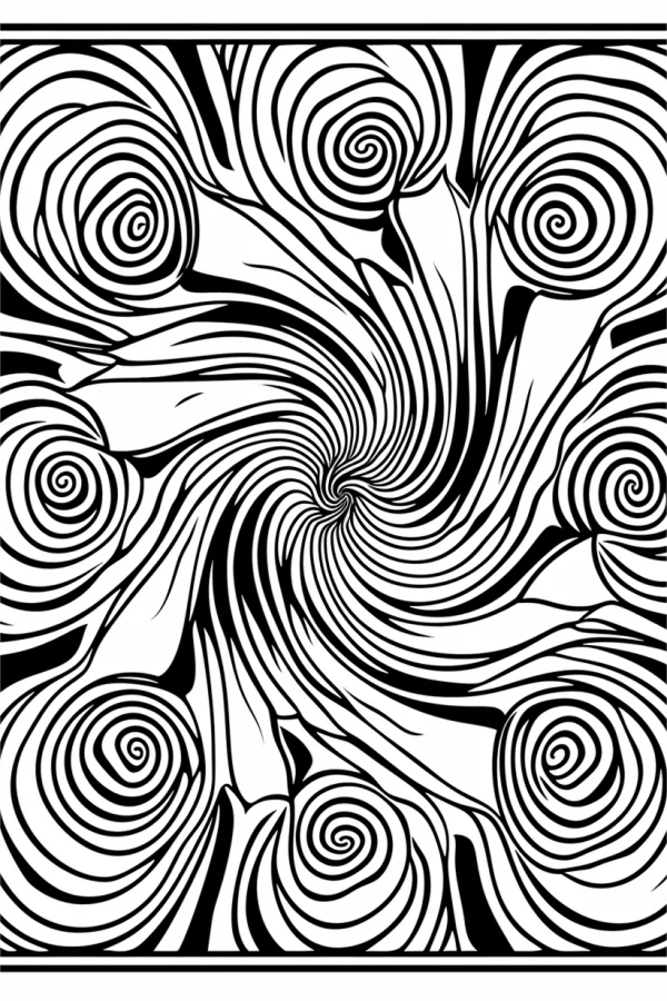 Abstract spiral pattern, abstract art style — free printable chaos coloring book page