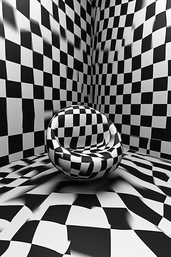 Surreal black and white checkered room corner with distorted checkered armchair, op art style — free printable surreal coloring book page