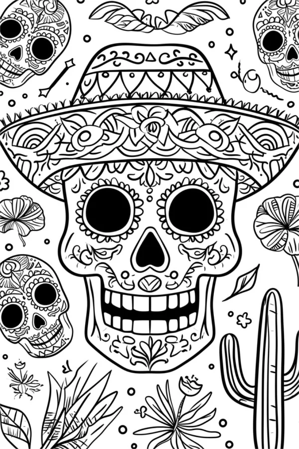 Day of the dead decorative sugar skull wearing sombrero, latin american folk art style — free printable latin american culture coloring book page