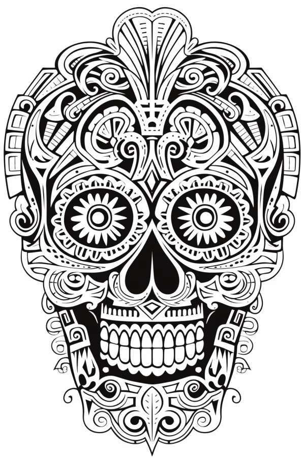 Decorative day of the dead sugar skull, latin american ethnic decorative style — free printable latin american culture coloring book page