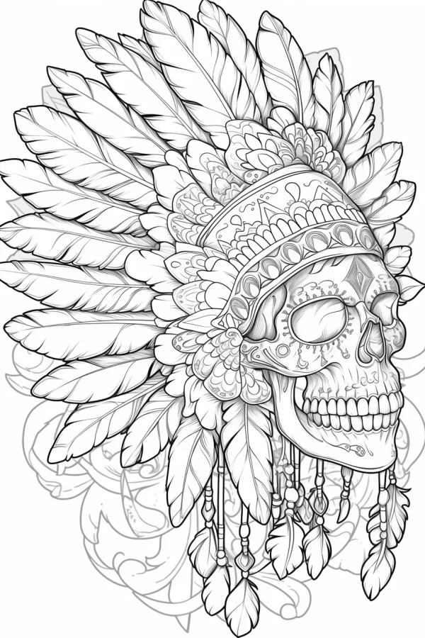 Native american style decorated skull with feather headdress, gothic and tribal art style — free printable indigenous culture coloring book page