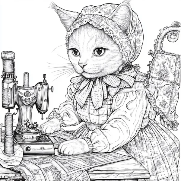 Sewing anthropomorphic cat in vintage bonnet and dress, vintage illustration style — free printable handmade coloring book page