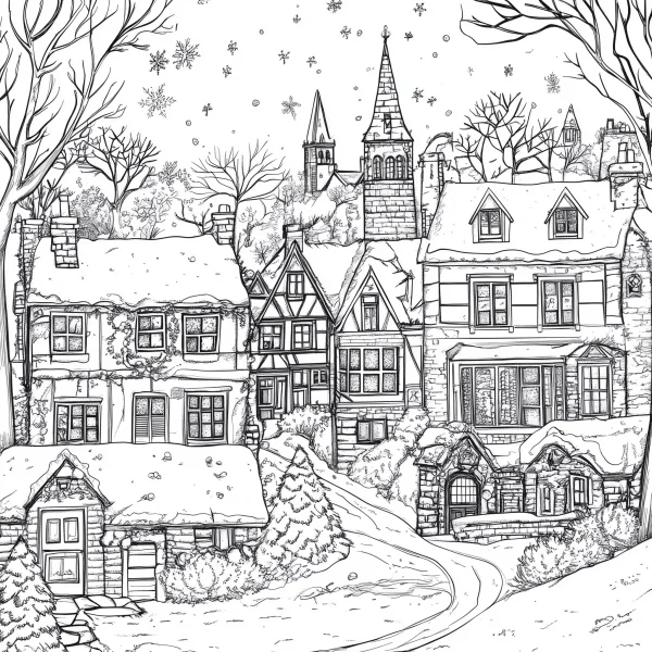 Christmas town snowy scene, cozy winter village with snow-covered houses — free printable town scenery coloring book page