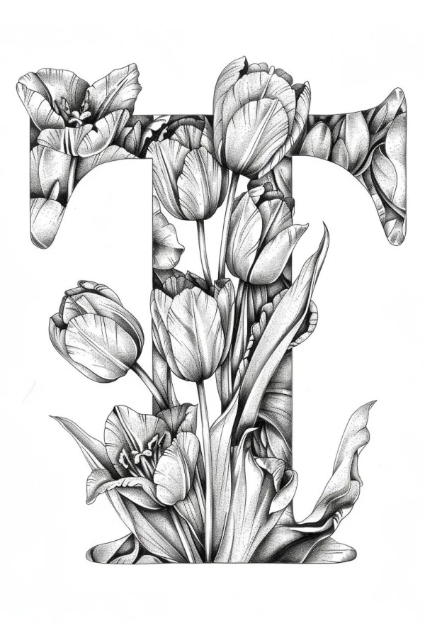 Tulip-formed letter t, realistic sketch style — free printable creative art coloring book page
