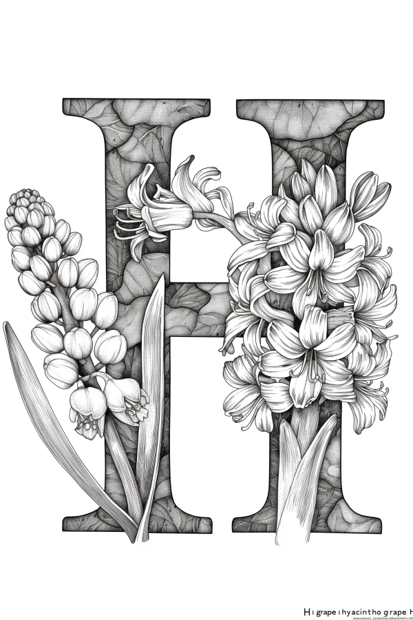 Letter h decorated with hyacinth flowers and buds, realistic botanical line art — free printable creative art coloring book page