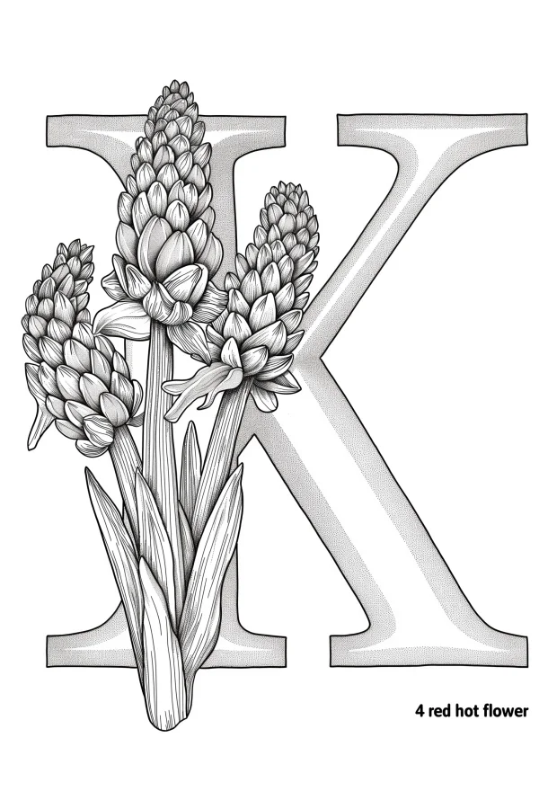 Letter k paired with red hot flowers, realistic style — free printable letter art coloring book page