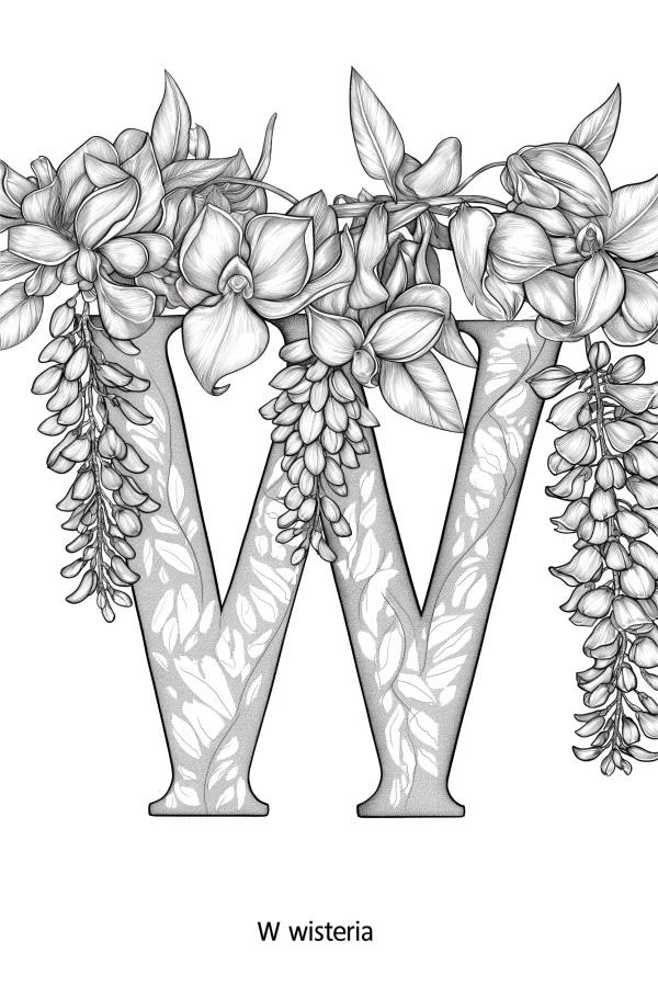 Letter w decorated with wisteria flowers and leaves, botanical line art style — free printable letter art coloring book page