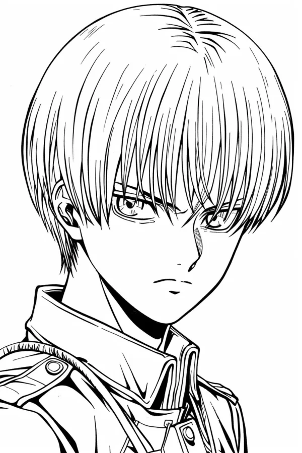 Cool short-haired anime soldier with serious expression, anime sketch style — free printable anime coloring book page