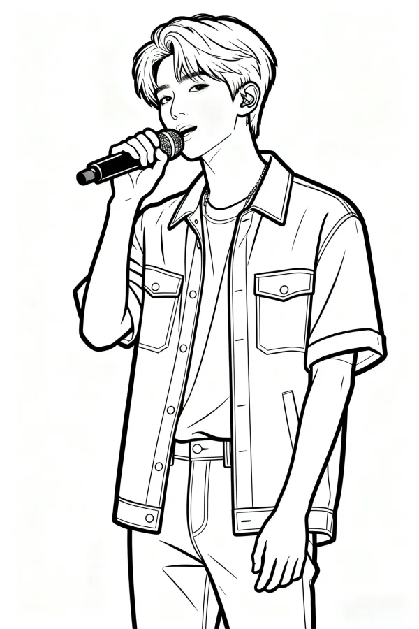 Young male singer holding a microphone, cartoon style — free printable musician coloring book page