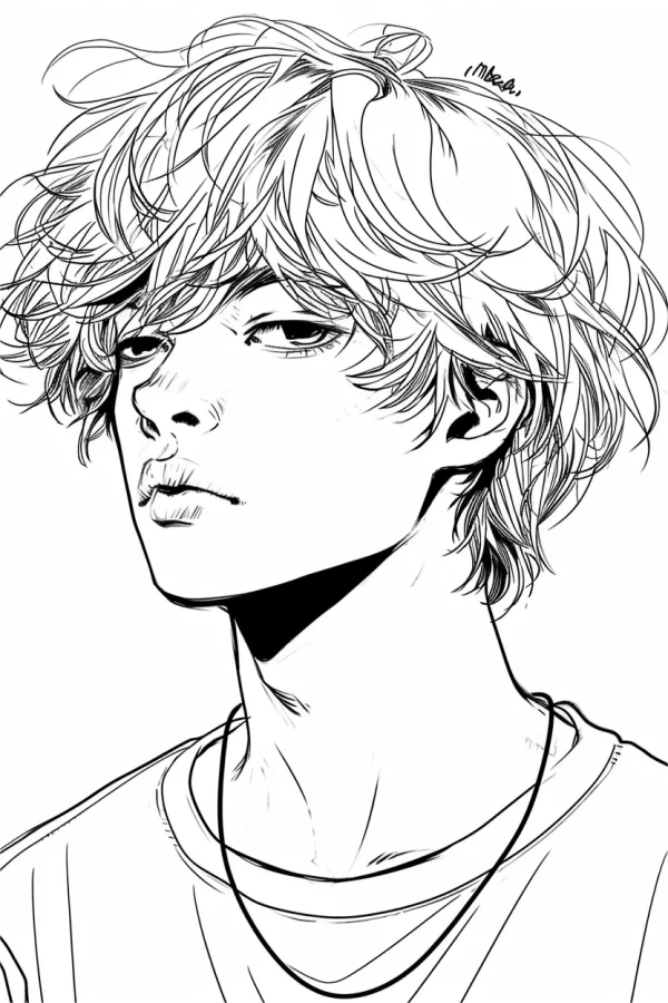 Curly-haired teenage boy portrait, anime sketch style — free printable portrait coloring book page
