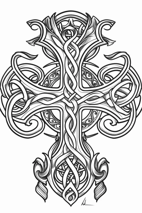 Celtic style cross with intricate knotwork and scroll patterns, celtic art style — free printable celtic coloring book page