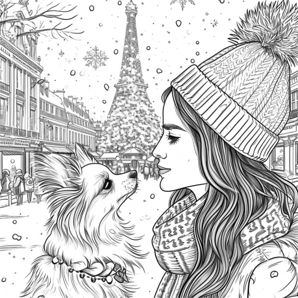 Winter girl with pomeranian dog, paris street scene with eiffel tower decorated as christmas tree — free printable urban scenery coloring book page