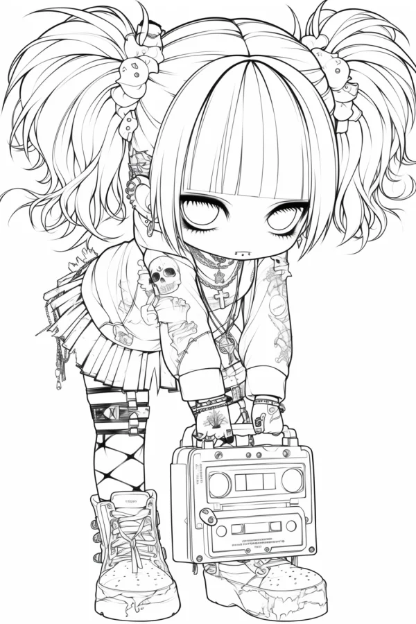 Gothic punk chibi twin-tailed girl, holding a boombox and a skull plush — free printable punk coloring book page