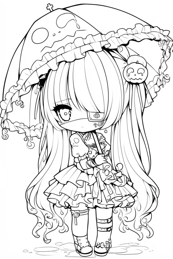 Coloring book page, chibi girl with ghost face umbrella — free printable girl coloring book page