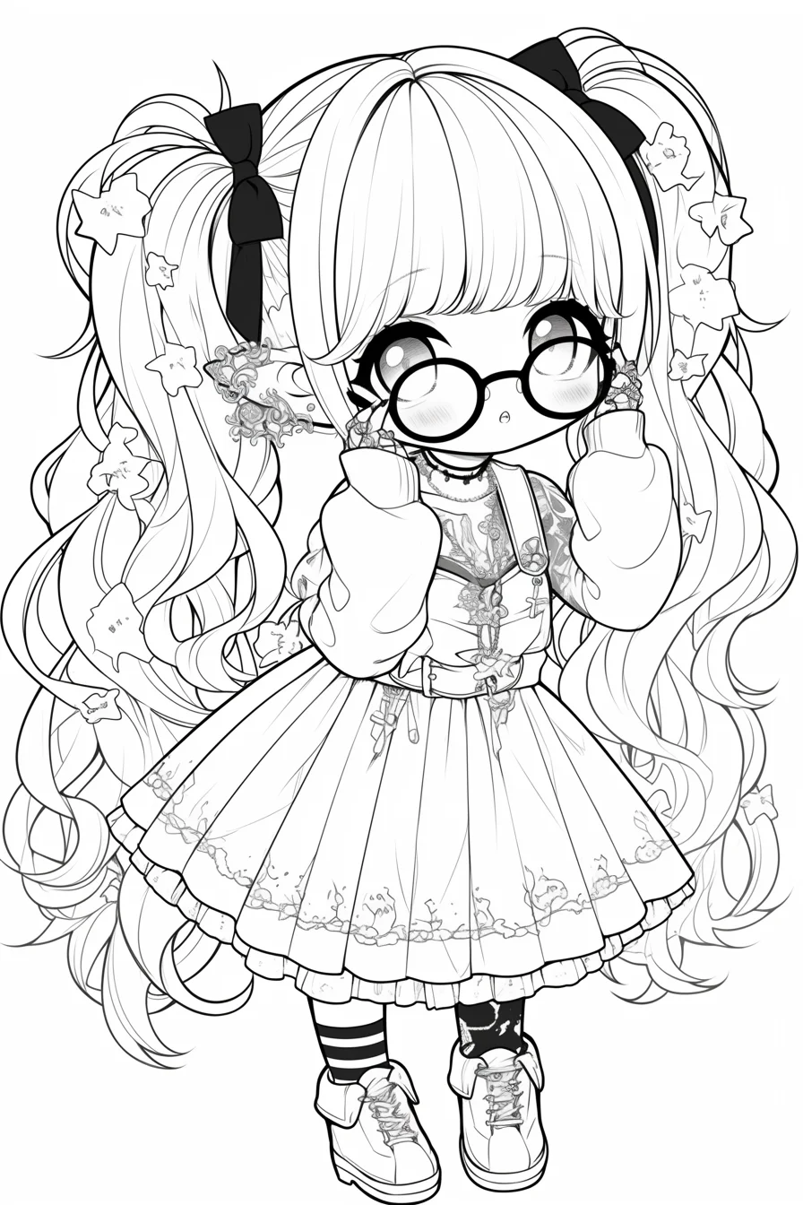 Chibi girl with twin ponytails and round glasses, kawaii japanese anime style — cartoon style — moderate detail — line art coloring page — for kids and adults of all ages