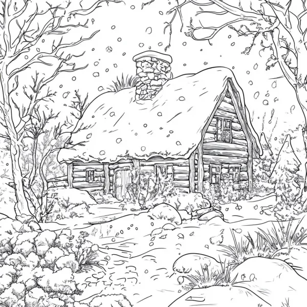 Winter forest cabin, realistic illustration style — free printable country cabin coloring book page