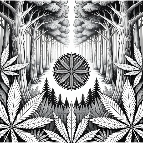 Forest scene with cannabis leaves and central mandala, realistic illustration style — free printable abstract art coloring book page