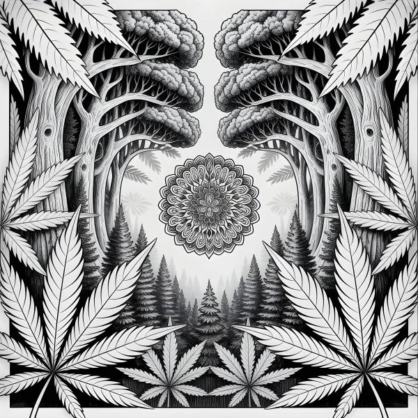 Mandala surrounded by cannabis leaves and forest, zentangle style — free printable abstract art coloring book page