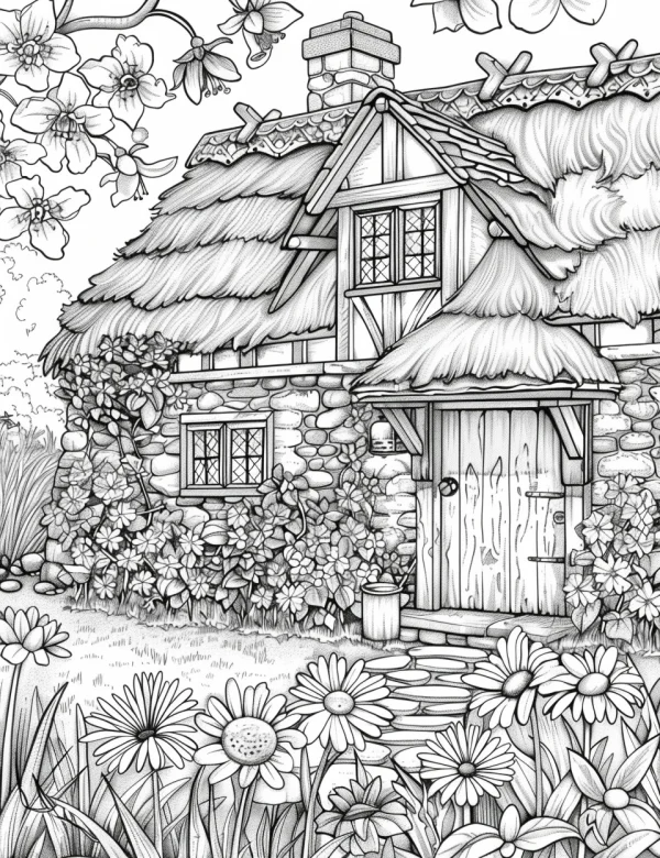Cozy pastoral thatched cottage, pastoral style — free printable rural life coloring book page