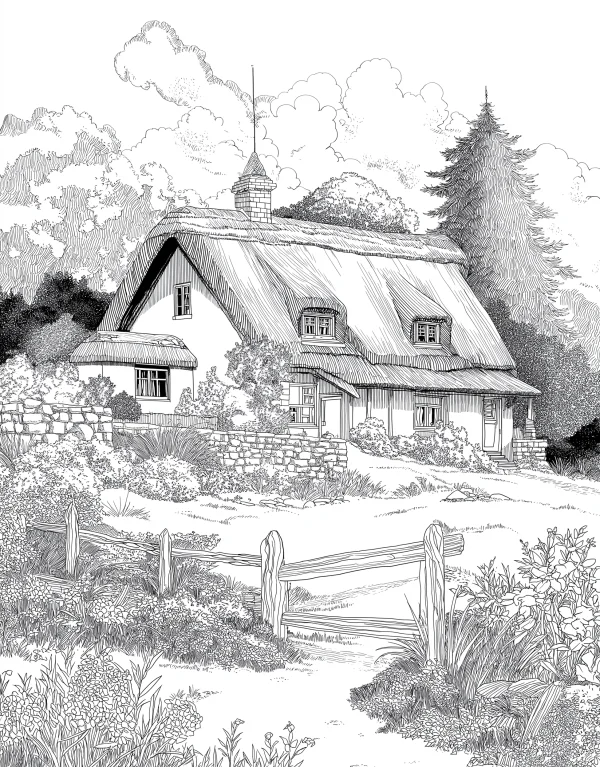 Thatched country cottage, realistic sketch style — free printable rural life coloring book page
