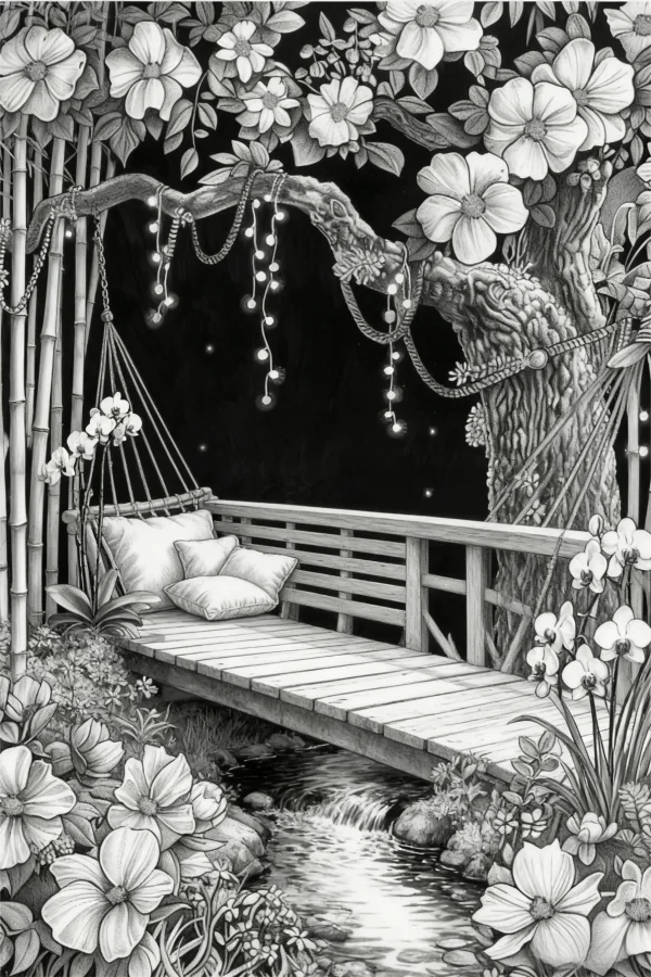 Wooden bridge with hanging chair in forest, realistic style — free printable river coloring book page