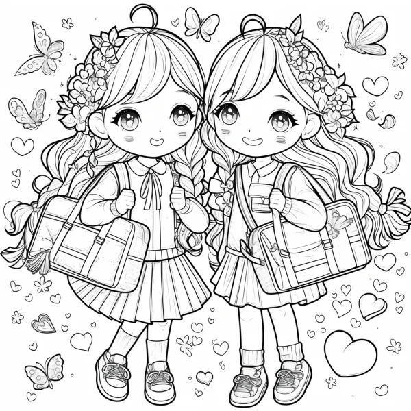Two cartoon little girls with flower wreaths and school bags, cute chibi style — free printable campus coloring book page