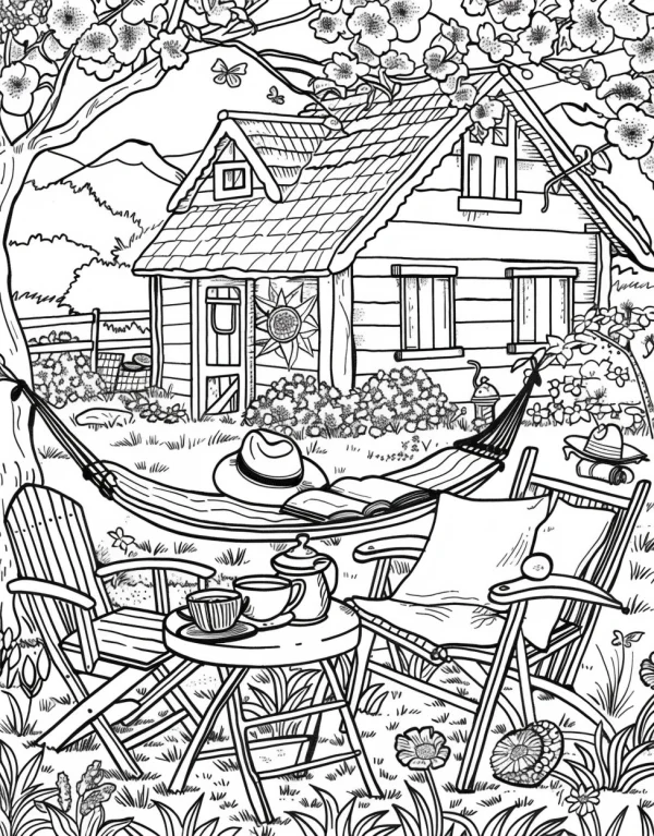 Cozy countryside yard scene with a cottage, hammock — free printable countryside coloring book page