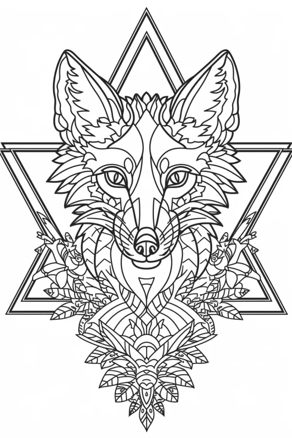 Totem-style fox head, mandala symmetrical patterns — free printable culture coloring book page