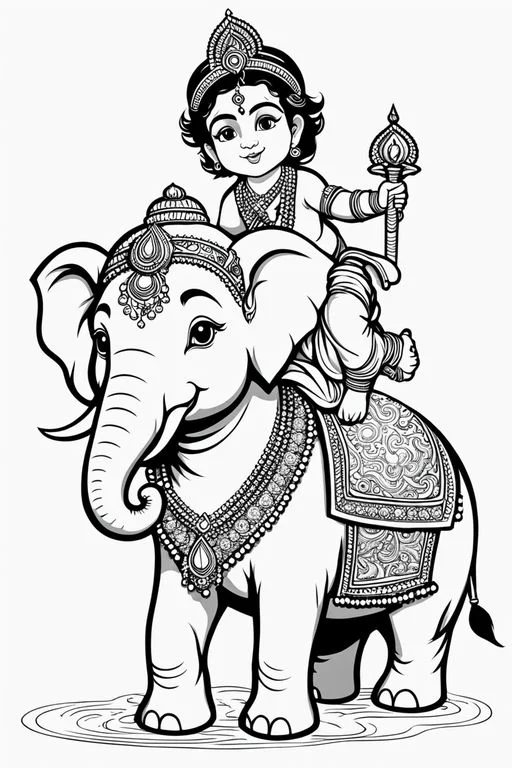 Cute indian mythological child riding elaborately decorated elephant, indian cartoon style — free printable india coloring book page