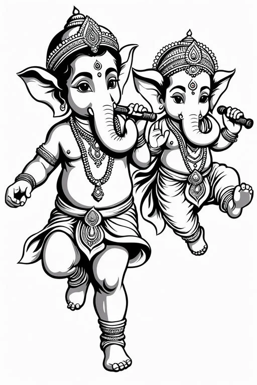 Two child-like ganeshas playing musical instruments, indian cultural style — free printable india coloring book page