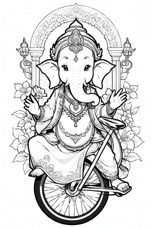 Cute lord ganesha riding a unicycle, indian cultural style — free printable india coloring book page
